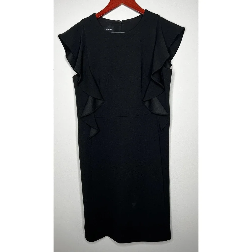 Donna Morgan Sheath Dress Womens 8 Black Ruffle Cap Sleeve LBD Professional Chic